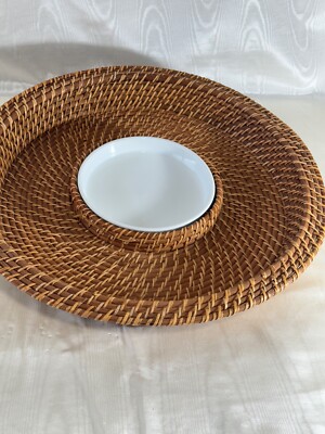 LARGE RATTAN CHIP AND DIP BASKET ROUND- WITH CERAMIC DIP BOWL TAN-image