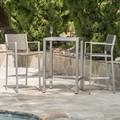 Capral Outdoor 3 Piece Grey Wicker Bar Set with Glass Table Top-image