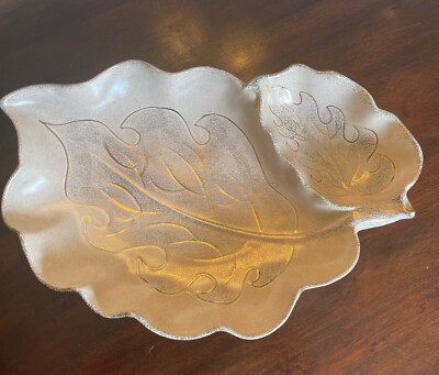 Vintage MCM Serving Platter Leaf Shape Chip & Dip California Originals Gold-image