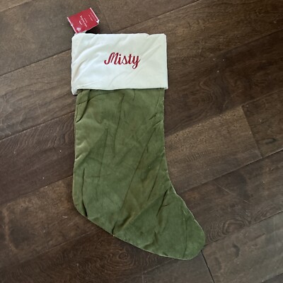 NWT Pottery Barn Classic Med Green Ivory Velvet Christmas Stocking Mono Misty-image