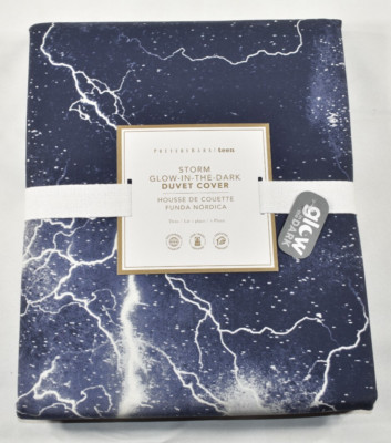 Pottery Barn Teen Storm Glow in the Dark Twin Duvet Cover Blue Lightning NWT!-image