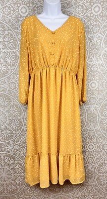 Chiffon Overlay Spring Yellow Polka Dot Maxi Dress Puff Sleeve DIP Size XL-image