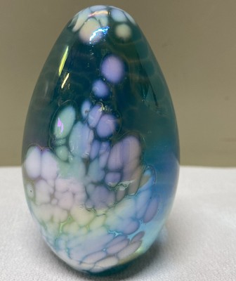 GLASS EYE Studio Iridescent SPECKLED Egg Shaped HAND BLOWN Art Glass Paperweight-image