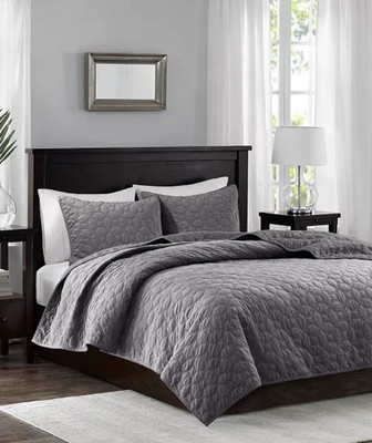 Madison Park Gray Faux Velvet Quilted Bedding Set-image