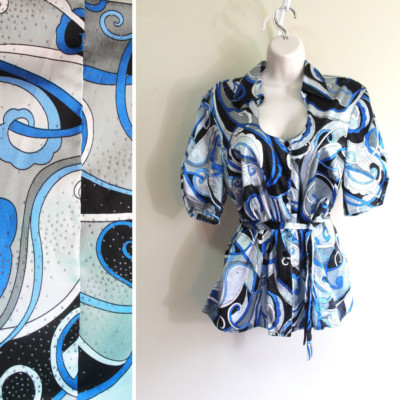 Womens XL Studio 1940 Shirt Blue Poly Satin Button Retro 30s Short Puff BIBA ish-image