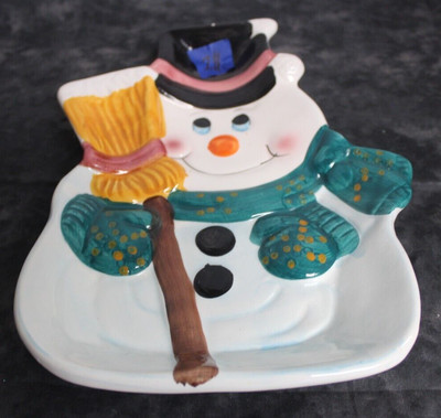 Ceramic Snowman Shaped Holiday Veggie /Chip and dip platter-image