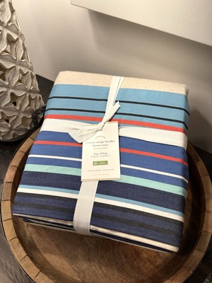 Pottery Barn Harbor Stripe Border Cotton Linen King/Cal King Duvet Cover NEW-image
