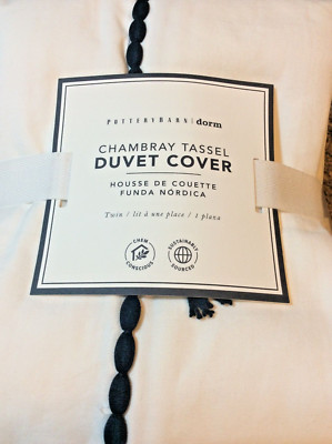 Pottery Barn Teen Chambray Tassel Twin Duvet White & Black NWT!-image