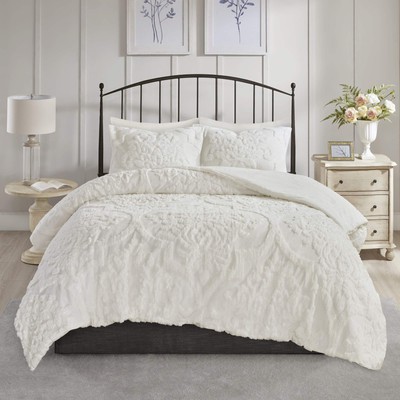 Tufted Chenille Cotton Comforter All Season Bedding Set Matching Shams Viola Dam-image