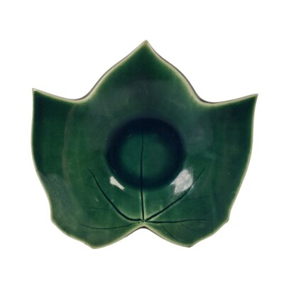 Majolica Studio Art Pottery Dish Leaf Shape Incised Paw Print Back Stamp Vintage-image