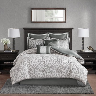 Dillon 8-Piece Silver/Silver Queen Polyester Jacquard Comforter Set-image
