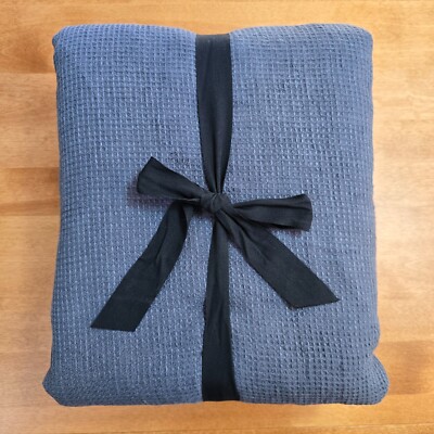 POTTERY BARN EUROPEAN FLAX LINEN WAFFLE DUVET COVER ~ KING/CAL.KING ~ STEEL BLUE-image