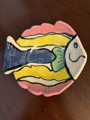 Studio Art Pottery Fish Shaped Bowl Bright Colors Hand Painted Signed-image