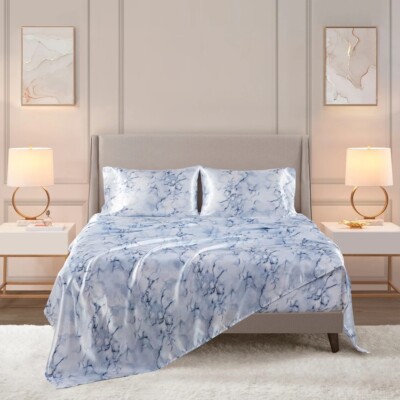 NEW Madison Park Essentials Luxury Satin Sheet Set Queen in Blue Marble-image