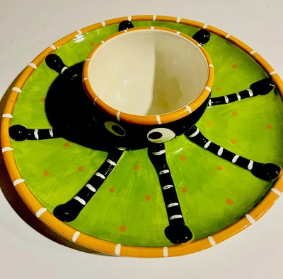 Halloween candy dish spider chip dip Spooky platter bow Large Eyes Dept 56-image