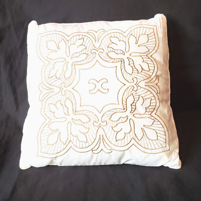 Madison Park Throw Pillow Square White w/ Tan Embroidery 16