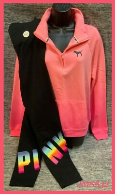 Victoria's Secret Pink Ombre Dip Dye Pullover + Leggings Set Coral Pink Black L-image