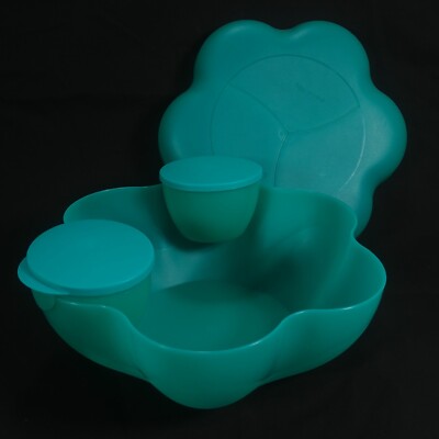 Tupperware Chip N Dip Holiday Serving Bowl 5.6L Scalloped 3Pc Set 4624 Teal Blue-image