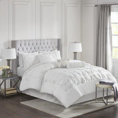 Madison Park Laurel Tufted Faux Silk 7 Piece Queen White Comforter Set-image