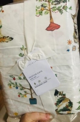 Pottery Barn Festive Cats Sheet Set King Organic Cotton Christmas Holiday 4pc🦩-image