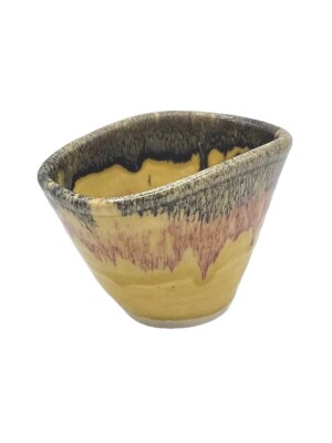 Studio Art Pottery Yellow Red Black Drip Glaze Irregular Shaped Bowl Signed -image