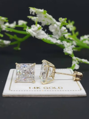 14k yellow gold stud earrings princess cut simulated diamonds-image