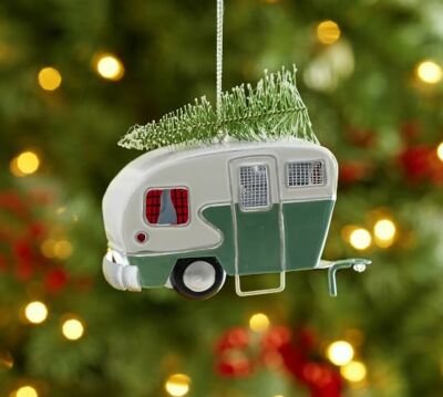 NWT Pottery Barn Retro Tin Camper w Christmas Bottlebrush Tree Holiday Ornament -image