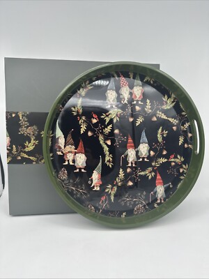 Pottery Barn Forest Gnome Handcrafted Round Serving Tray Green Black 18