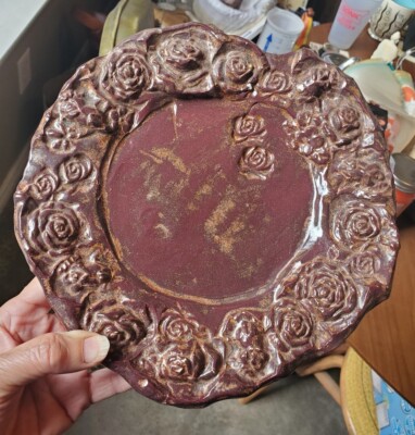 Vintage Studio Artist Pottery Signed Heart Shaped Plate Raised Embossed Roses-image