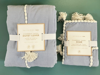 Pottery Barn Teen Chambray Tassel Twin/Twin XL Duvet Cover and Standard Sham NEW-image