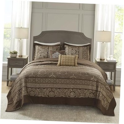  Bellagio Reversible Quilted Bedspread Set, Solid Oversized King Brown/Gold-image