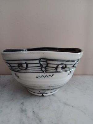  Signed Hand Made Studio Art Ceramic Black & Off White Abstract Bowl 4 3/4