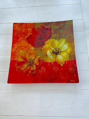 FABRICE DE VILLENEUVE FLORAL THICK ART GLASS LARGE CENTER PIECE PLATTER-image