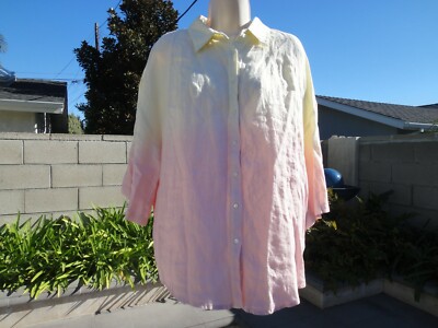 Nicole Miller Collection OVERSIZED DIP DYED Linen Yellow Pink Shirt Wmn's Large-image