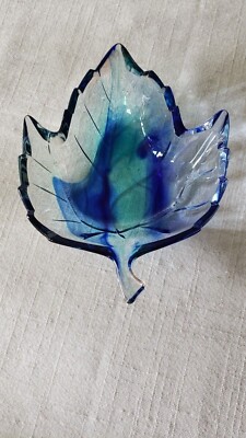 Vtg Maple Leaf Mikasa Studio Art Glass Bowl Cobalt Blue/Teal Swirl Candy Decor-image