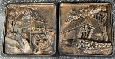 Vintage 3D Miller Studio, Inc. Copper Looking Covered Bridge and Mill Wall Decor-image