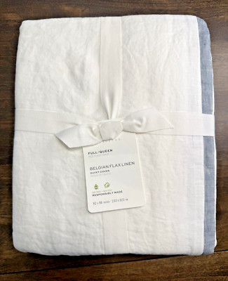 POTTERY BARN BELGIAN FLAX LINEN CONTRAST DUVET COVER FULL/QUEEN ~ WHITE/CHAMBRAY-image