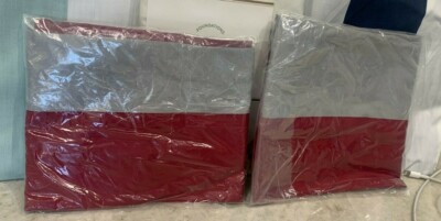 set of TWO Pottery Barn Kids rugby stripe color block STANDARD shams red gray-image