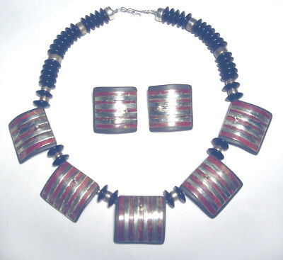 Studio HAND FORGED Striped COPPER/925 Ster. MODERNIST Onyx NECKLACE/Earrings SET-image