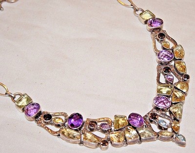 Vintage Sterling Silver Hand Wrought Multi-Colored Glass Toggle Clasp Necklace-image