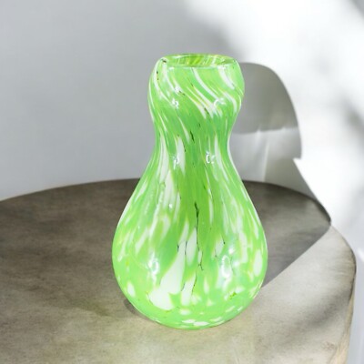 Vintage Studio Hand Blown Bottle Shaped Glass Vase Bud Vase Green White Spots-image