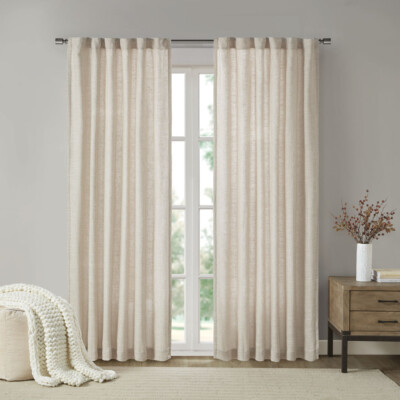 Madison Park Beals Faux Linen Rod Pocket and Back Tab Fleece Lined Curtain Panel-image