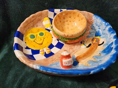 Hamburger Hot Dog Chip Dip Tray Hand Painted Ceramic Bowl Beach Side Summer Fun-image