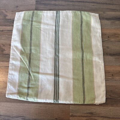 Pottery Barn 100% Linen Pillow Sham 18 X 18 Green Ivory Stripe -image