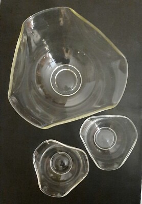 Vtg MCM Clear Glass Lg Serving Bowl Set W/2 Small Dips-image