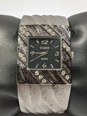 Studio Gun Metal Gray Black Square Face Textured Open Cuff Watch 6.5 Inch-image