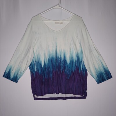Chicos Top Women XL Blue Dip Tie Dye Stretch V-neck 3/4 Sleeve Ruched Sides-image
