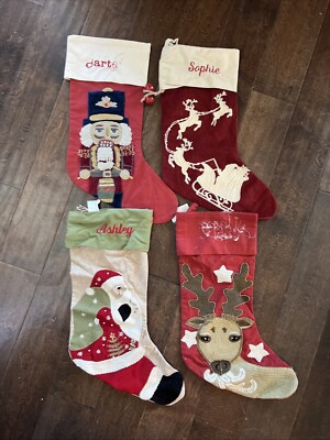 New Pottery Barn embroidered Crewel Santa Deer Sleigh Christmas Stockings Set 4*-image
