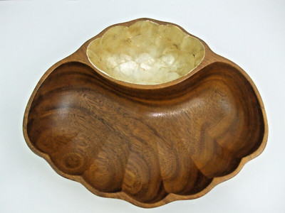 Vintage Genuine Monkey Pod Large Bowl with divided Capiz Shell Pearl Inlay Dip-image