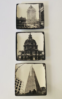 Pottery Barn Plates Set Of 3 Appetizer Iconic City Buildings Vintage Images 5.5